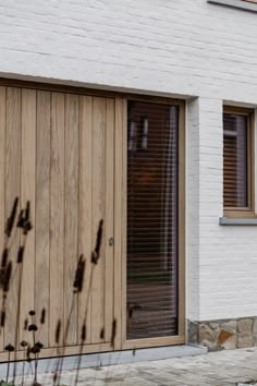 a cat sitting on the ground in front of a white brick building with wooden doors