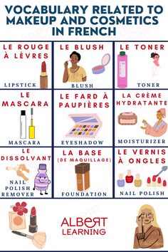 a poster with different types of makeup and cosmetics items in french, including lipstick, eyeliner