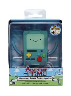 an adventure time character figure is shown in the packaging for this toy, it's designed to look like a game boy