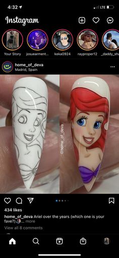 Princess Nail Art Designs, Ariel Nail Art, Ariel Nails Disney, Ariel Nails, Little Mermaid Nail Art, Nail Art Cartoon, Disney Princess Nail Art, Printable Nail Art Practice Sheet