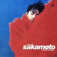 a man with his eyes closed in front of a red fur coat that says sakamato sweet revenge