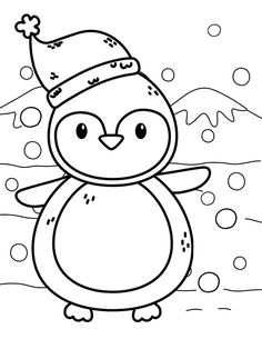 a penguin with a santa hat on it's head standing in the snow coloring page