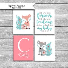 three baby girl nursery wall art prints featuring fox, owl and letter c with pink background