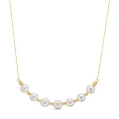 Indulge in the timeless allure of pearls and the opulence of gold with the Pearl & Gold Ball Alternating Necklace. Each alternating link features a lustrous pearl, delicately embraced by a gleaming gold ball. Elegant Gold Single Strand Pearl Necklace, Elegant Jewelry With Pearl Charm And Round Beads, Gold Akoya Pearl Necklace, Yellow Gold Pearl Necklace With Round Beads Pendant, Refined Pearl White Necklace With Pearl Pendant, Gold Akoya Pearl Single Strand Necklace, Refined Pearl White Necklace With Pearl Drop, Elegant Gold Pearl Chain Necklace, Classic Yellow Gold Pearl Necklace