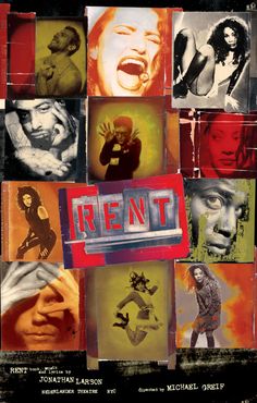 an advertisement for the movie rent with multiple images of people in different colors and sizes