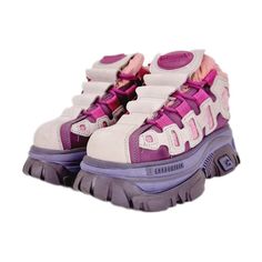 Gordon Jack platforms with hidden lace up fronts, velcro adjustments and quality detailing. Fuschia pink, pastel pink, bubblegum pink and purple in colour with glittery panels, these vintage sneakers sit comfortably at the ankle. Like most kicks by Atom, these feature chunky platforms. These originated in the 90s / y2k era and are very rare to find, but still come with their original box. Style: vintage edgy harajuku alt alternative 90s y2k style retro kidcore babycore softcore decorakei pastel Pink And Purple Sneakers, Gordon Jack Shoes, Pink Platform Sneakers, Retro Kidcore, Fuschia Shoes, Y2k Sneakers, Harajuku Shoes, Alt Shoes, Pastel Punk