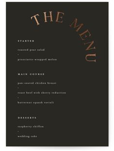 the menu is shown in black with copper foil lettering and an orange circle on it