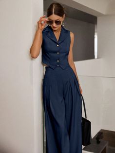 marineblau Elegant Collar   Einfarbig  Embellished Undehnbar Work Matching Set, Dark Blue Dress Pants Outfit Women, Sleek Minimalist Fashion, Elegant Outfit Shein, Vest Set Outfit, Outfit Bleu Marine, Blue Elegant Outfit, Navy Blue Outfits For Women, Cute Lawyer Outfits