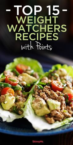 the cover of top 15 weight watchers'recipes with points, including lettuce and tomatoes