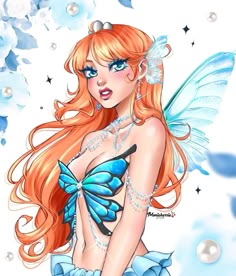 a beautiful red haired fairy with blue wings and pearls on her chest is posing for the camera