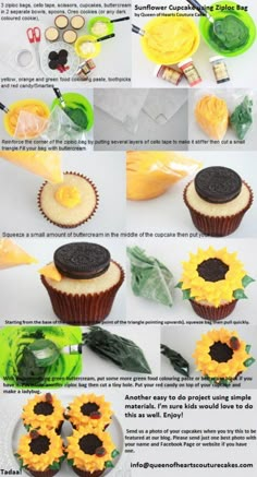 the instructions for how to make an oreo cupcake with sunflowers and leaves