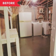 a room that has some white appliances in it and is being cleaned with a red sign