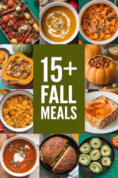 a collage of fall meals with pumpkins and squash