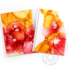 two cards with red and yellow flowers on them, one has water droplets in it