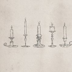 a line drawing of candles in different shapes and sizes, with one candle on the other side