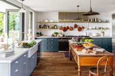 a modern cottage kitchen Attic Remodel Before And After, Hague Blue Kitchen, Modern Cottage Kitchen, Blue Kitchen Designs, Industrial Country, Hague Blue, Fresh Kitchen, Kitchen Wall Colors, Attic Remodel