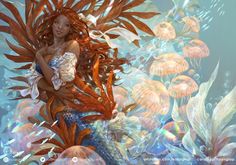 a digital painting of a woman with long hair and fish around her body, surrounded by sea creatures