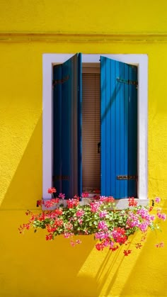 a window with blue shutters and pink flowers