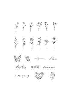 flowers and hearts drawn in ink on white paper with the words, i love you