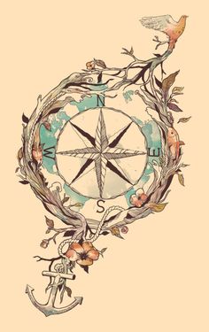 a drawing of a compass with flowers and birds on it, in pastel colors