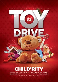 toy drive flyer template with teddy bear and toys on red background - flyers print templates