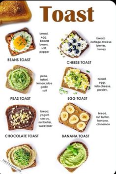 toast with different types of toppings on it and the words toast written in english