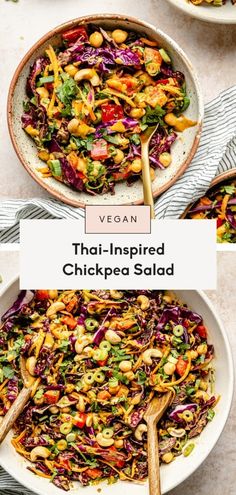 thai inspired chickpea salad in a bowl with wooden spoons