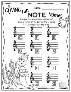 a printable worksheet for children's writing with music notes and mermaids