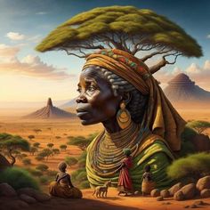 an african woman is standing in the desert with her head turned to look at something