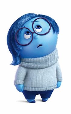 a cartoon character wearing glasses and a sweater with blue hair is looking at the camera