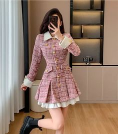 Buy 2023 autumn plaid patchwork women dress small fragrance tweed single breasted sashes pink dresses party female korean vestidos at rebelsmarket for . find more ,  and  products. enjoy ✓free shipping worldwide! ✓limited time sale ✓easy return. Pink Flower Dress, Vestidos Color Rosa, Tweed Shorts, Flounce Skirt, Bodycon Floral Dress, Pink Dresses, Tweed Dress, Dresses Party, Crop Top Blouse