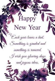 a card with purple flowers and the words happy new year