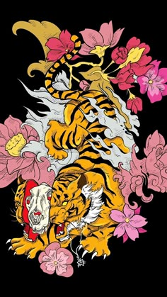 an image of a tiger with flowers on it's back and the head in the air