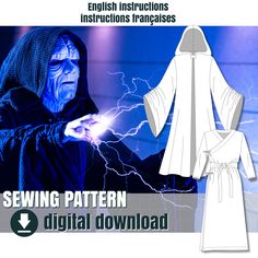 "PDF sewing pattern: EMPEROR PALPATINE COSTUME. This set contains 2 patterns:   - The inner robe and its belt.   - The long hooded outer robe. And 1 bonus 3D file:   - The Emperor's Brooch This unisex pattern is perfect for cosplaying Palpatine. But it can also be used to make different styles of larp costumes. * Respects the guidelines of the 501st. Sizes available: X-Small to 2X-Large  Our PDF patterns are available in several formats: - Letter (8½\"x11\") and A4 (210mm x 297mm) sizes are perfect for easy printing at home. - The archE (36\"x48\") and A0 (841mm x 1189mm) formats are designed for large format printing at your local copy center. * A tutorial is included to help you properly print and prepare your patterns before starting your project. Included with your purchase:  - inner r Palpatine Costume, Wizard Robe Pattern, Anakin Costume, Pattern Outer, Wizard Robes, Emperor Palpatine, Larp Costume, Star Wars Costumes, Large Format Printing