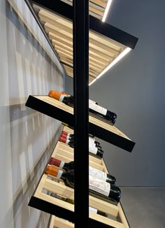 several bottles of wine are lined up on shelves