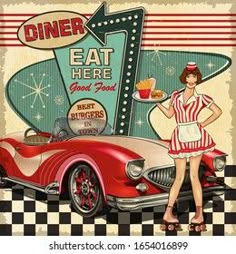 retro diner sign with woman holding a tray of food in front of an old car