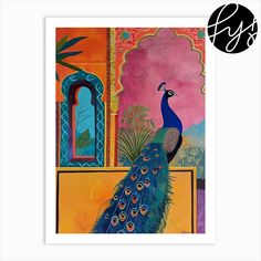 a painting of a peacock standing in front of a mirror