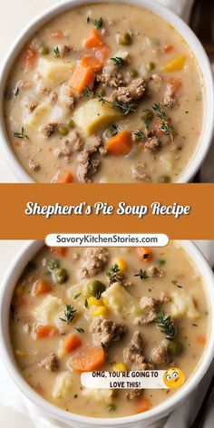 two bowls of shepherd's pie soup are shown