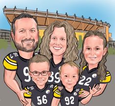 a family caricature is shown in front of a stadium with the number 32 on it