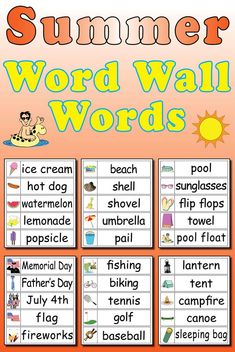 a poster with words and pictures to describe the summer word wall words in different languages