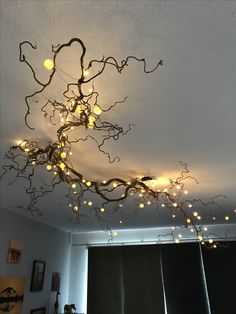 a branch with lights hanging from it's ceiling in a room next to a window