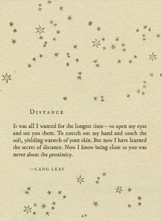 an old book with stars on it and a poem written in black ink that reads distance