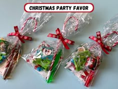 christmas party favors in plastic bags on a table