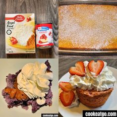 four pictures with different types of desserts and pastries on them, including strawberries