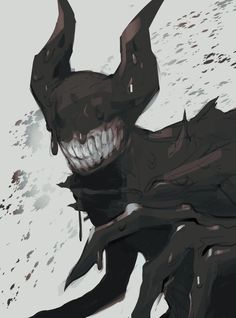 a drawing of a creature with teeth and blood on it's face, standing in the snow