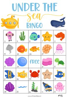 a printable under the sea bingo game for kids to play on their own board