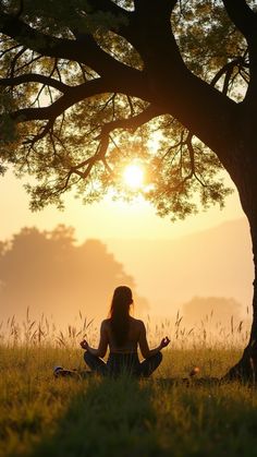 a woman is sitting in the grass under a tree and meditates at sunset