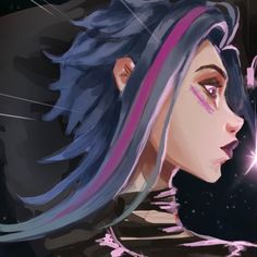 a girl with blue hair and purple eyes holding a star in her hand, looking at the sky