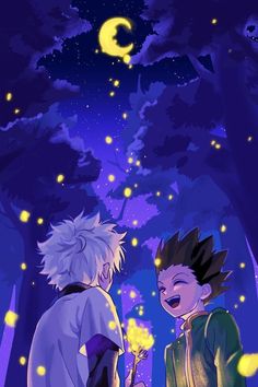 two young boys standing in front of a night sky with stars and lights on them