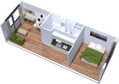 an overhead view of a bedroom and living room in a small apartment with hardwood floors